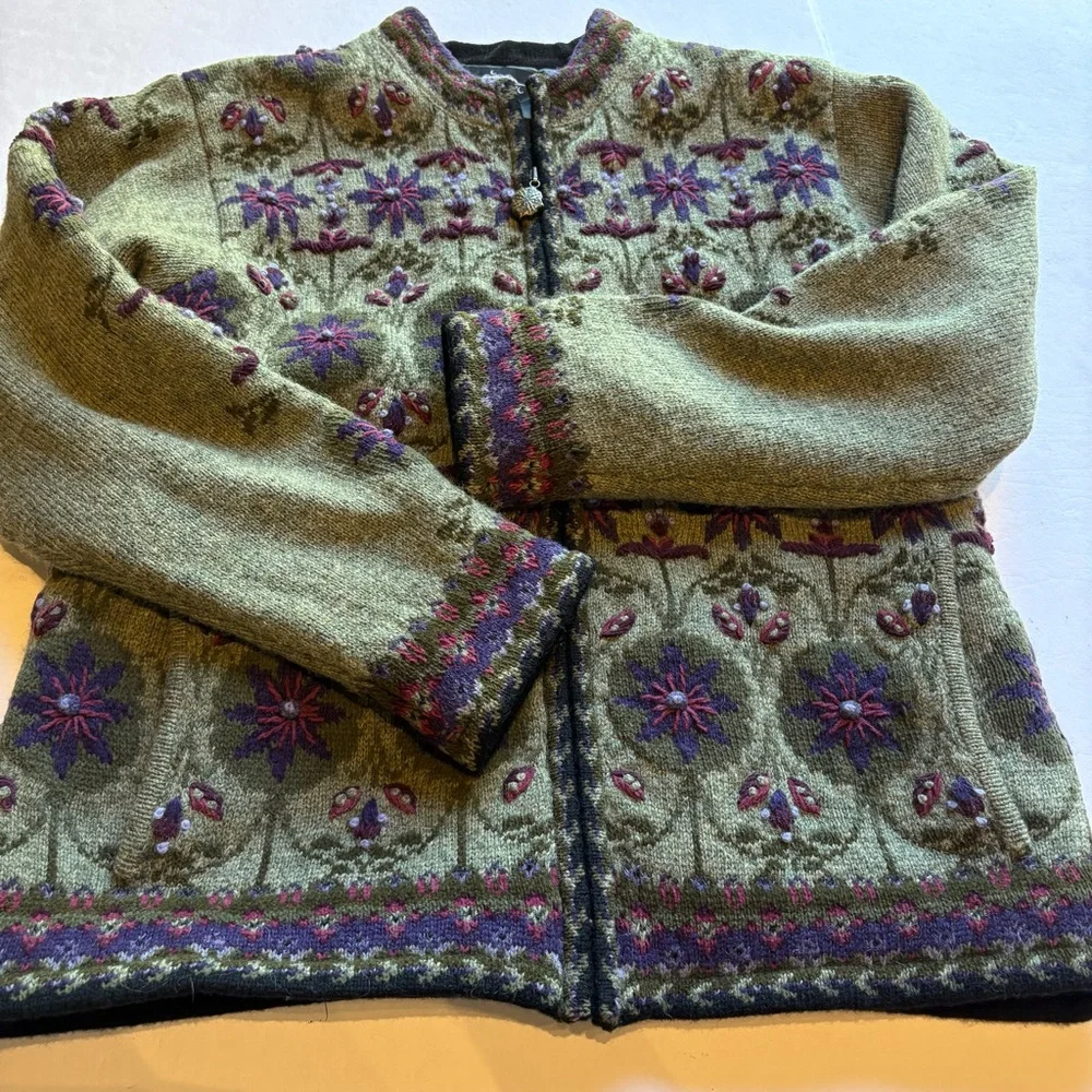Icelandic Design Women's Full zip Wool Sweater Green/Purple Multi Size Medium - Picture 4 of 10